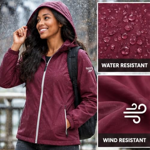 Reebok Women's Waterproof Rain Jacket with Hood - Lightweight Windbreaker, Medium / Maroon