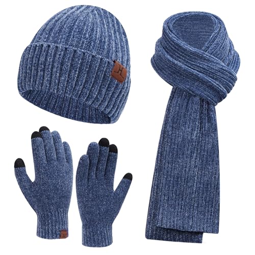 Women's Winter Knit Hat Beanie Scarf Gloves Set - One Size Blue
