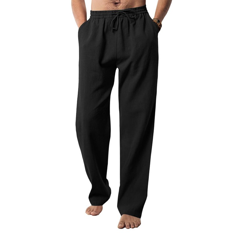Gesoja Mens Loose Fit Straight Leg Pants Linen Beach Pants Summer Beach Vacation Elastic Waist Work Pant with Pockets 2025 Black XL