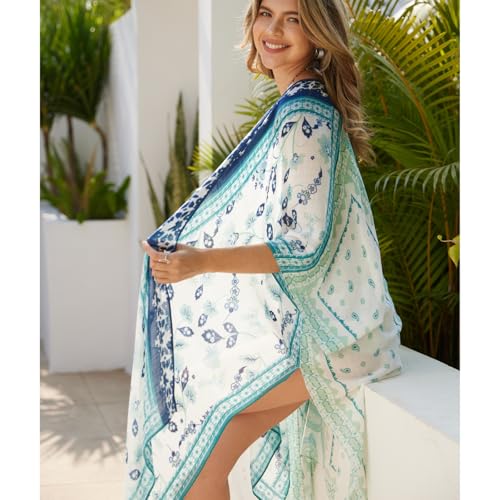 Beach Kimonos for Women Swimsuit Cover Up Boho Kimono Cardigans Navy & Teal Bliss Summer Resort Wear