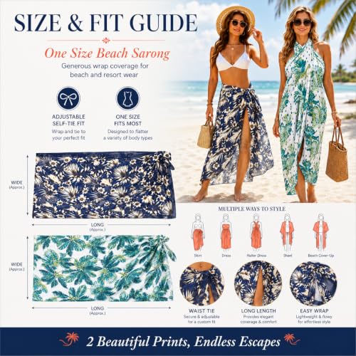 Women Sheer Beach Sarong Wrap - Blue Flowers & Coconut Tree, Long Chiffon Coverup