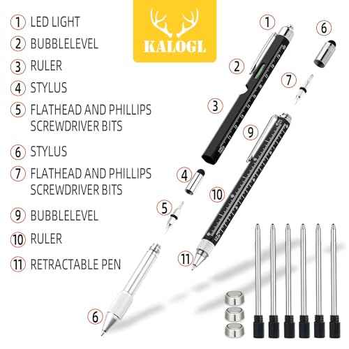 Gifts for Dad Men Him,2 Pack Multitool Pen,Multi-tool Pen with [Stylus, Ballpoint Pen, 6 refills, 4" Ruler, Level, Phillips Screwdriver,LED] (Black)