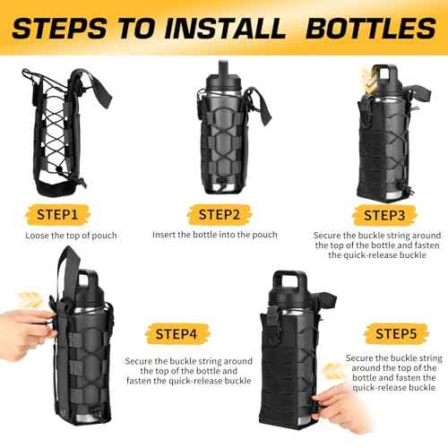 Ullnosoo Molle Water Bottle Holder, Water Bottle Pouch Attachment for Backpack, Adjustable Multi-Purpose Tactical Bag for 16 24 32 40 64 oz Adapted to Vest Belt Black