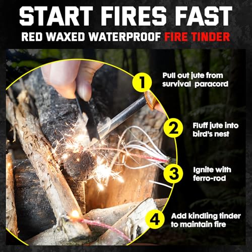 Survival Paracord 100 ft with Fire Cord & Multi-Use Emergency Gear - Camo Black