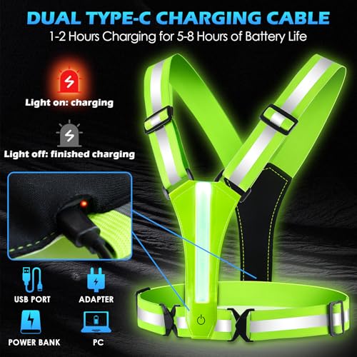 LED Reflective Vest Running Gear, 8 Lights Colors Illuminated, USB-C Rechargeable, High Visibility Safety Vest with Adjustable Waist/Shoulder, Light Up Vest for Night Dog Walking Cycling