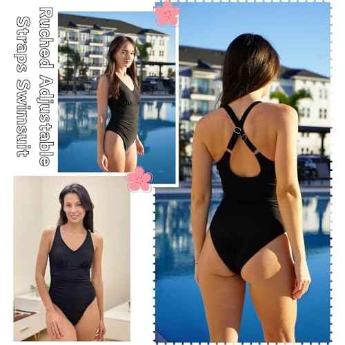 AI'MAGE Women's One Piece Swimsuit Tummy Control V Neck Ruched Bathing Suits Adjustable Straps Monokini Cross Back Swimwear