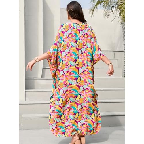 Women's Plus Size Tropical Kaftan Dress V-Neck Batwing Sleeve Beach Cover Up for Swimsuit Vacation Caftan Dress