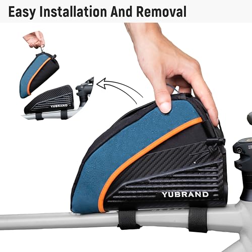 YUBRAND Removable Bike Frame Bag, Top Tube Bike Bag, Compatible With IPhone 16/15/14Pro and Phones Up To 6.9'', Waterproof, 1L, Blue, Geometric Pattern, 8.66 x 4.3 x 3.9 inches