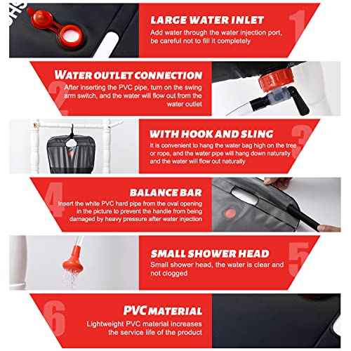 Solar Shower Bag for Camp, 5 Gallons/20L Portable Camping Shower Bag with Removable Hose and On-Off Switchable Shower Head for Camping Beach Swimming Outdoor Traveling