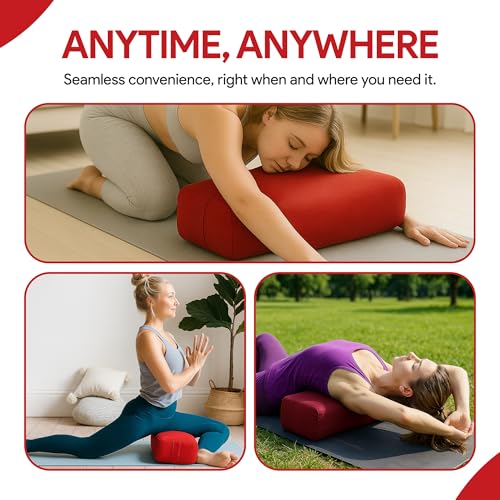 Red Rectangular Yoga Bolster Pillow for Meditation & Back Support - Removable Cotton Cover