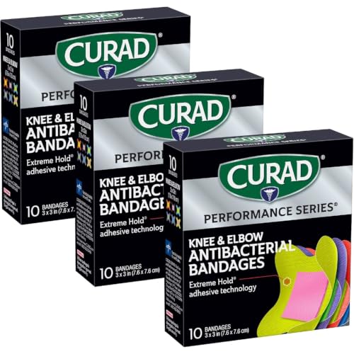 Curad Performance Series Antibacterial Elbow & Knee Bandages 10 Pack - 3x3 Inches