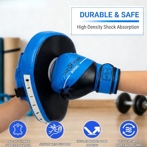 Kids Blue Boxing Gloves and Punching Mitts Set with Hand Wraps - 3-in-1 Martial Arts Gear