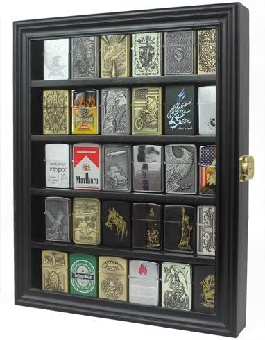 30 Lighters Display Case Wall Cabinet Compatible with Zippo Lighters Military Sport Collectible Match Book Black Frame