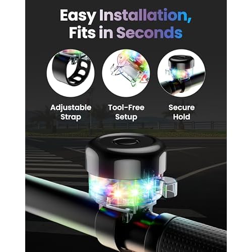 Bike Bell for Kids & Adults, LED Light Up Bike Bell Loud Crisp Sound Bicycle Bell with 3 Lighting Mode, Rechargeable Adjustable Strap Bike Accessories Fits Most City Bike Mountain Bike Children's Bike