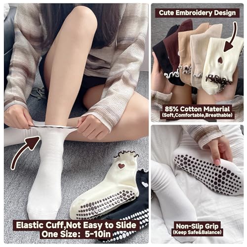 Cotton Pilates Grip Socks for Women - 4 or 6 Pairs Heart-Patterned Yoga Socks with Color Variations