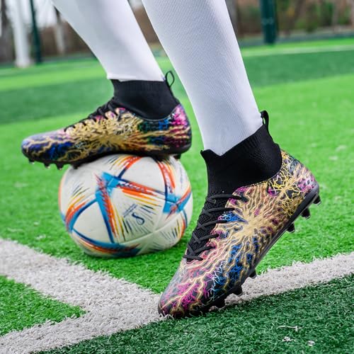 Unisex Soccer Cleats High-Top Training Football Shoes Black Gold 10 Women / 8.5 Men