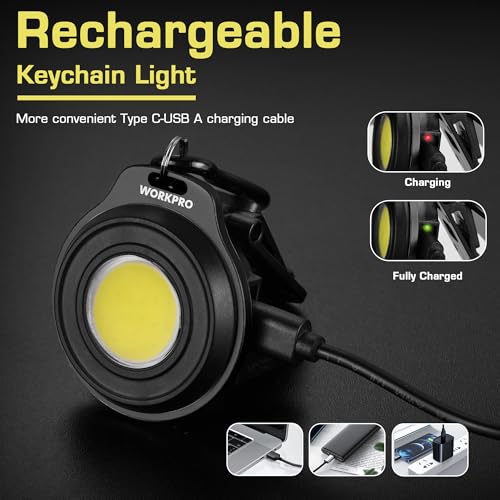 WORKPRO COB Keychain Light, 2Pcs Small Work Keychain Flashlight with Hat Clip, EDC Rechargeable Magnetic 3 Light Modes Carabiner Flashlight for Running, Emergency Hiking and Repairing, Black