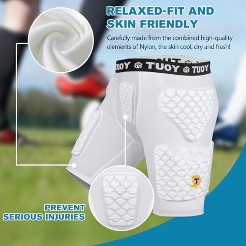 Youth Boys Football Girdle with 6 Pads Compression Shorts & Cup - White Medium