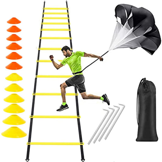 LAMOOER Speed Agility Ladder Training Set, Soccer Football Training Equipment Includes 12 Rung 20Ft Agility Ladder, 12 Disc Cones, 4 Steel Stakes, Resistance Parachute & Carry Bag