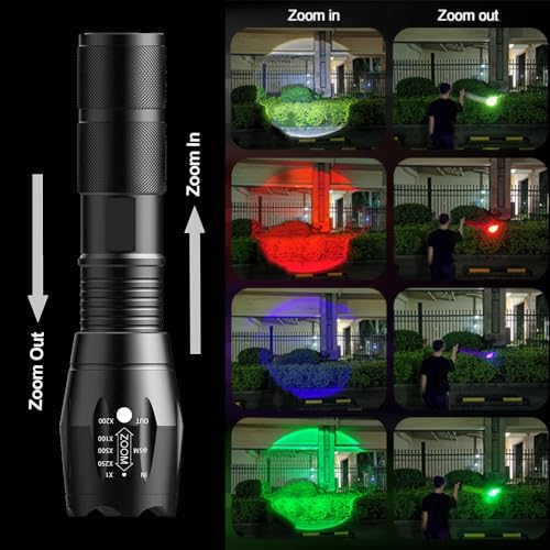 Powerful Red Flashlight, 4 Color in 1 LED White Red Blue and Green Lights, 4 Modes, Zoomable, Rechargeable, 2000 Lumen, Compact, Black, Aluminum, Water Resistant