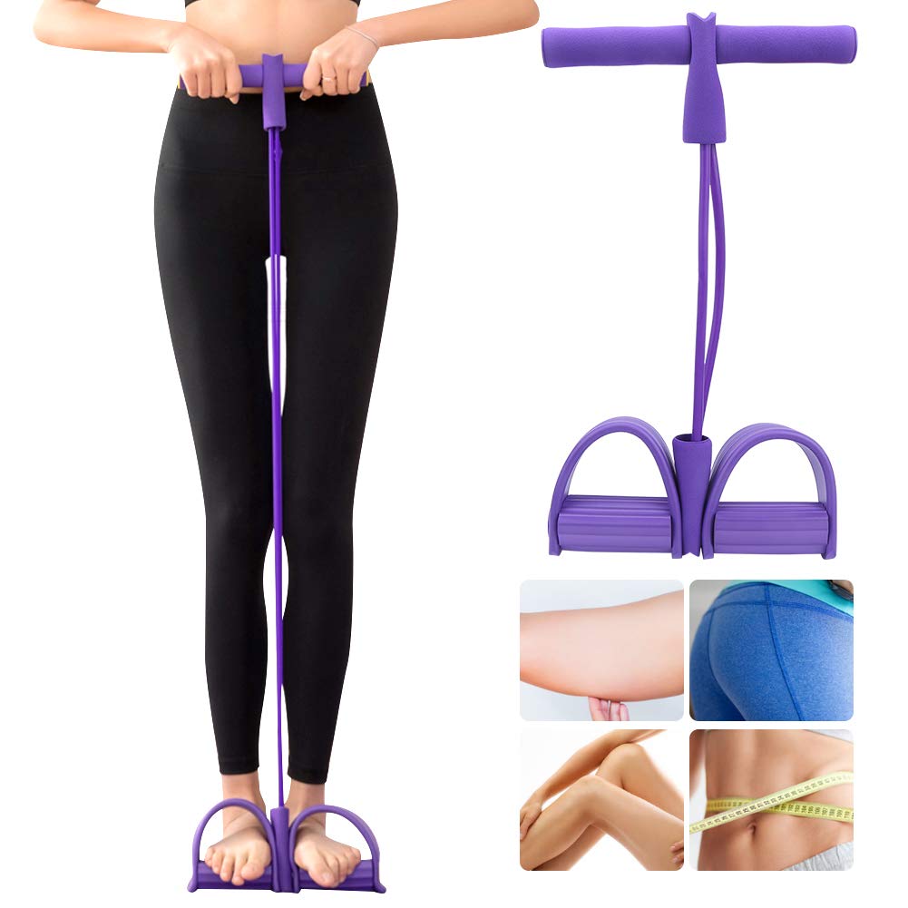 Fitness Pull Rope with 2 Tube Foot Pedal, Elastic Leg Puller for SitUp Abdominal Exercise and Training Equipment (Purple)