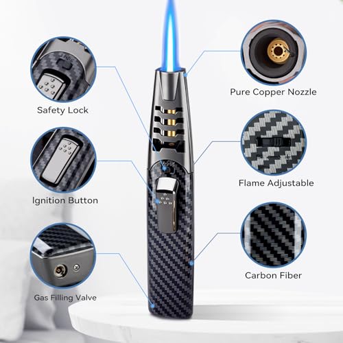 Torch Lighter, Butane Lighter, Adjustable Big Jet Flame Butane Torch, Windproof Refillable Gas Long Torch Lighter with Safety Lock for Candle Grill Camping BBQ Kitchen Soldering, Gas Not Included