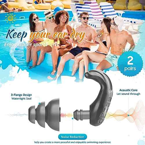 Swimming Ear Plugs, 2 Pairs Swimmers Earplugs for Adults Teens- Block Water Out, Ultra Soft, Custom Fit, Water Protection Reusable Plugs for Sailing Surfing Parasailing Diving Shower, Black