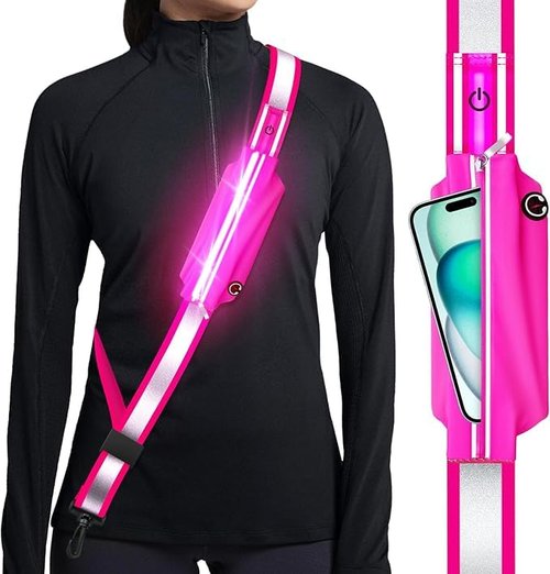 Ylzzrs Reflective Sash Gear for Walking at Night,LED Reflective Belt Safety Lights,Lights for Night Dog Walking,High Visibility Type-C Rechargeable with Phone Holder for Men Women(Pink)