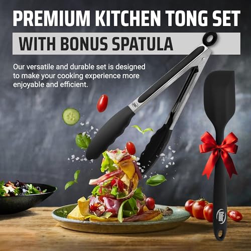 Kaluns Black Kitchen Tongs Set of 4 with Silicone Tips & Bonus Spatula
