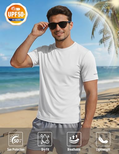 Men's Workout Shirt Short Sleeve Sun Protection UPF 50+ Athletic Tee Large White