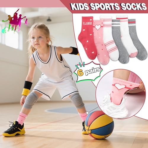 Kids Girls Socks 6 Pairs Athletic Sport Basketball Crew Breathable Cotton White Pink Heart 9-15 Years