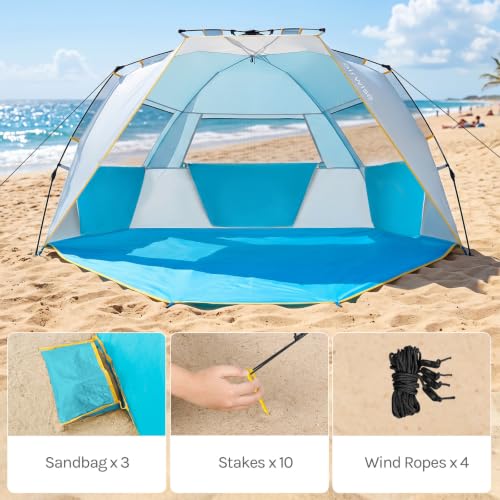 WolfWise Beach Tent Sun Shelter for 6-7 People - Blue, Easy Setup, Zipper Door