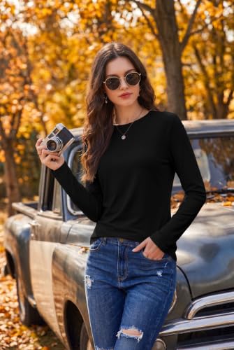 Ekouaer Women's Long Sleeve Crew Neck Shirt - Fall Basic Top, Large Black