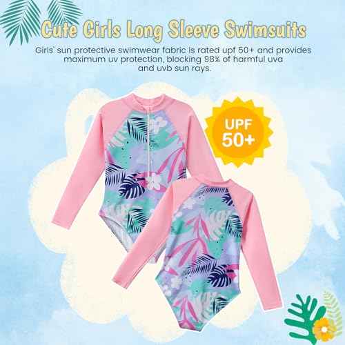 Zando Girls Long Sleeve Rash Guard One Piece Swimsuit for Teen Kids Toddler 2-15 Years - Surfing Bathing Suit UPF 50+ Zipper