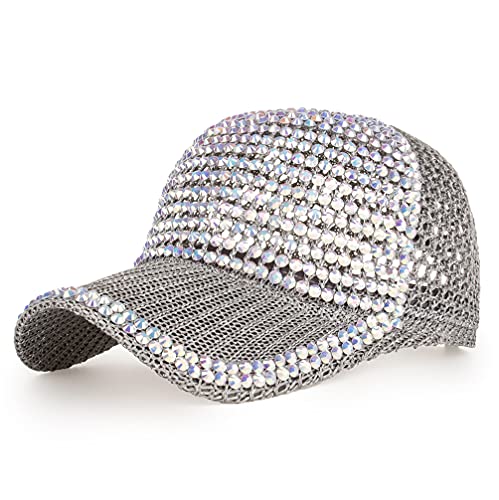 Women Men Rhinestone Mesh Baseball Cap Adjustable Sun Hat - Grey 7-7.5
