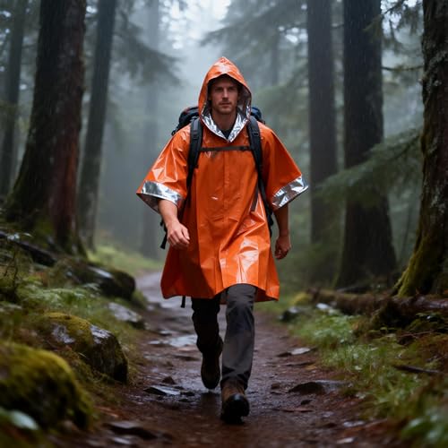Emergency Survival Kit 4 Pieces - Camouflage Blankets & Orange Ponchos - Waterproof & Thermal Insulated Gear for Camping, Hiking, Disaster Preparedness - Variation 4