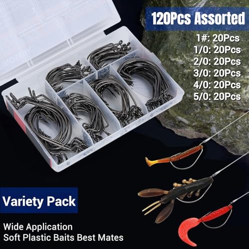 120Pcs Bass Fishing Worm Hooks Set - Offset Wide Gap High Carbon Steel