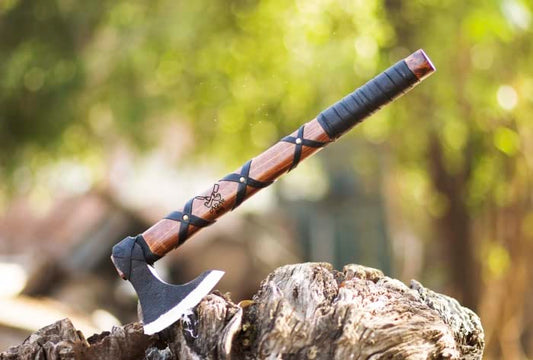 ADAM KNIVES Handmade Gift Forged Carbon Steel Viking Axe, Camping Hatchet with Rose Wood Shaft (Ragnar Axe)