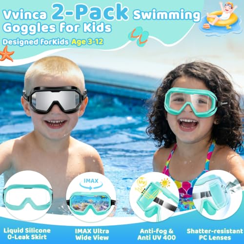 Kids Swim Goggles - Anti-Fog UV Wide View, Fabric Strap, Black & Green