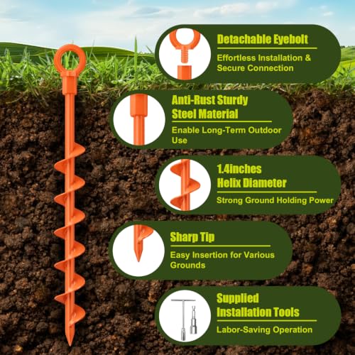 Heavy Duty Spiral Ground Stakes - Orange, 4-Pack with Drill Bit & T-Handle Tool