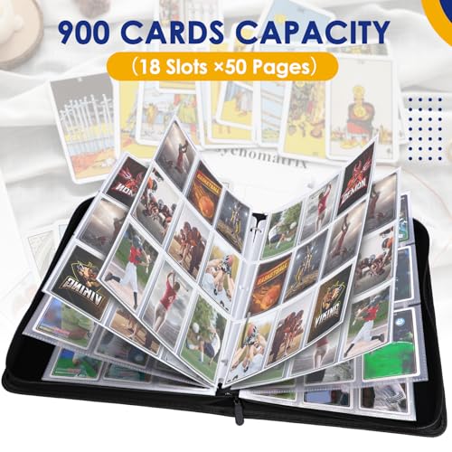 Black 900 Pockets Card Binder for Trading Cards & Sports Cards - Durable PU Cover Zip Organizer