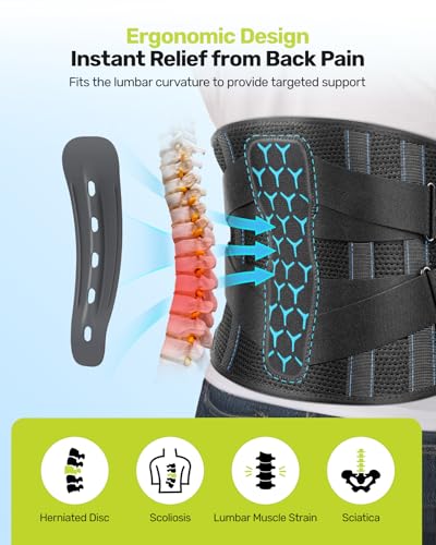 Lumbar Support Back Brace for Lower Back Pain Relief - Black, Large (Waist 39.4-45.3")