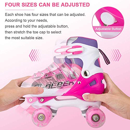 Pink Adjustable Roller Skates for Girls and Women, All 8 Illuminating Wheels, Large (3-6 US)