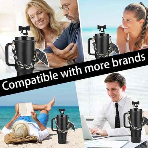 Stanley Cup Accessories Set, Bow Straw Toppers, Water Bottle Handle Strap, Straw Cover Boots for Stanley, Silicone Straw Toppers for Tumblers, Bow Cup Accessories for 20&30&40Oz (Black)