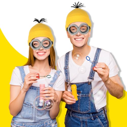 6 Pcs Halloween Costume Accessories for Adult,Yellow Beanie/Goggles Glasses/Gloves for Men Women Cosplay Party Set