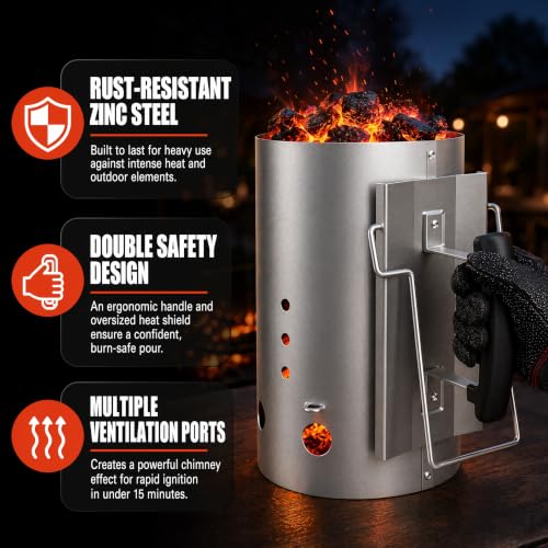 Large Charcoal Chimney Starter with 60 Natural Fire Starters - Charcoal Chimney Set