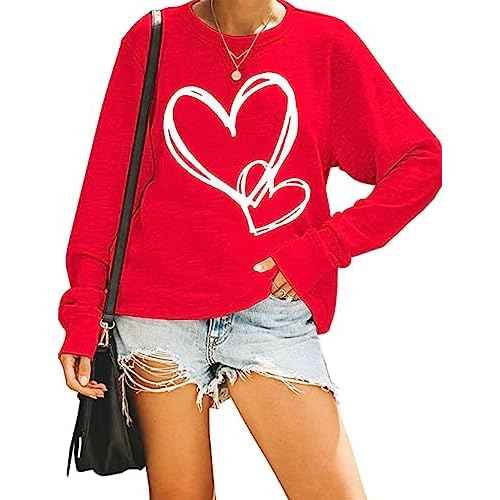 Beopjesk Women's Love Heart Sweatshirt Casual Long Sleeve Valentine's Day Graphic Pullover Tees Tops