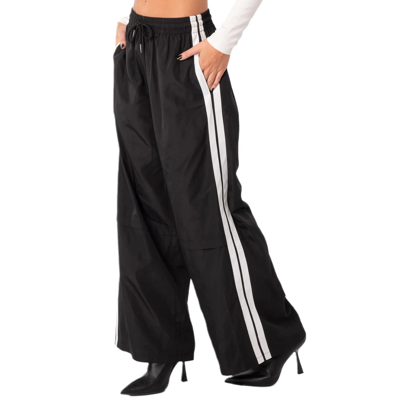 Women Side Striped Track Pants Y2k Drawstring Waist Wide Leg Cargo Sweatpants Casual Loose Jogger Lounge Pants(Side Black,Medium)