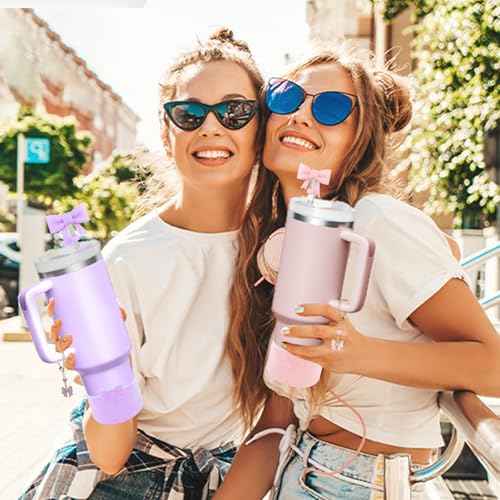 Cup Accessories Set for Stanley,Including 2Pcs Cute Glitter Bow Straw Cover Caps 10mm Reusable Straw Toppers,1Pcs Silicone Boot Sleeve and 1Pcs Handle Charm for Stanley Tumbler 30&40oz,Glitter Pink