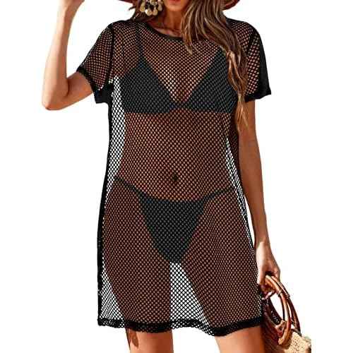 CHICGAL Womens Bathing Cover Ups Knit Bikini Short Sleeve Swimsuit Coverup Summer Swimwear Hollow Out Beach Dress